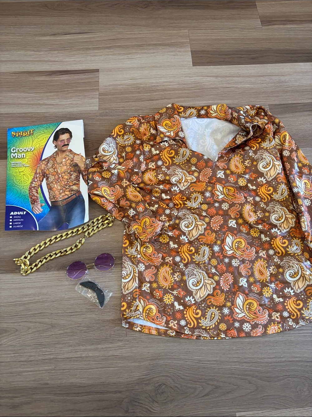 1970s Groovy Retro Paisley Button-Up Shirt in Brown & Orange Costume